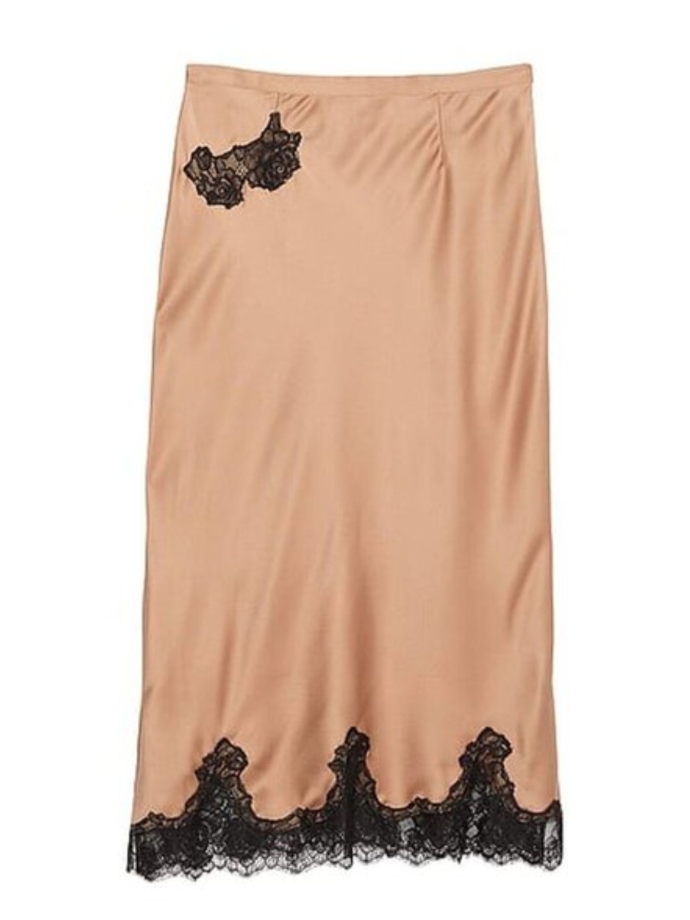 Zara Blush Tan Midi Slip Skirt with Black Lace Trim